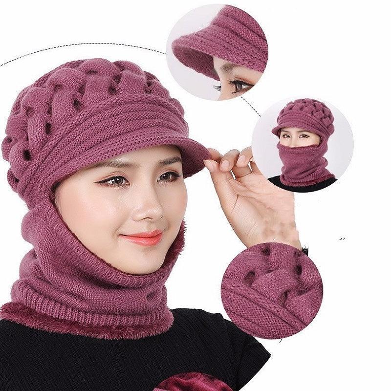 Dusty purple knitted balaclava beanie set with face cover and neck warmer
