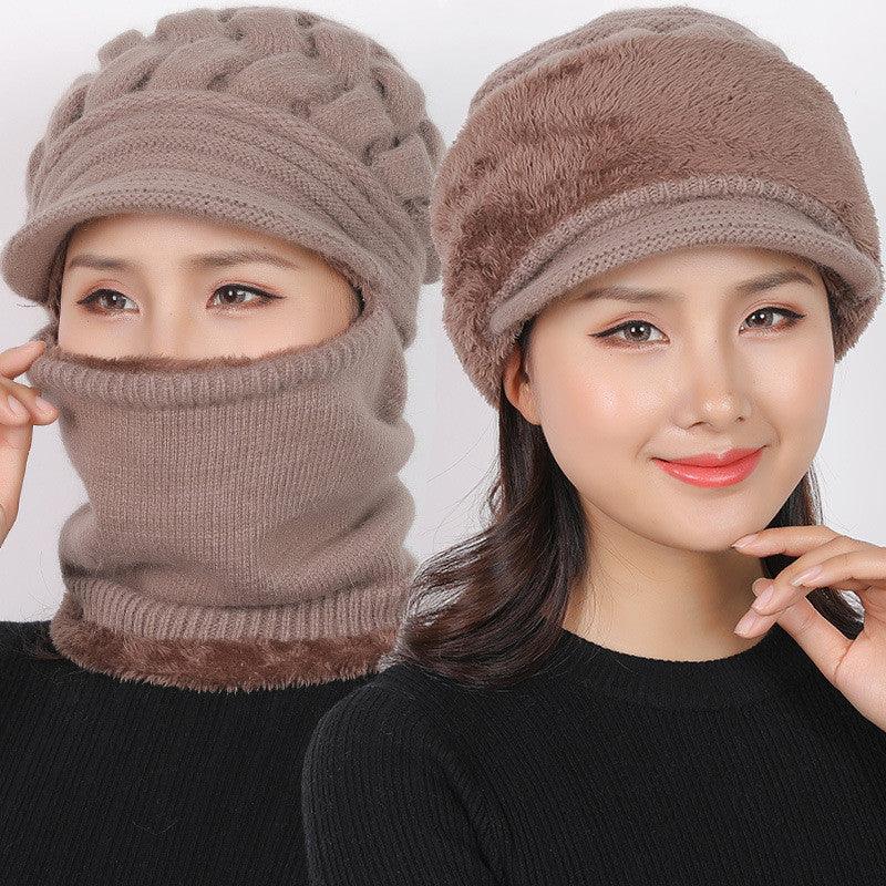 Tan knitted balaclava beanie set with face-covering neck warmer and ribbed edge