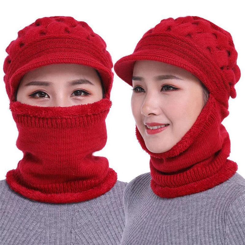 Bright red knitted balaclava beanie with face-covering neck warmer and ribbed trim