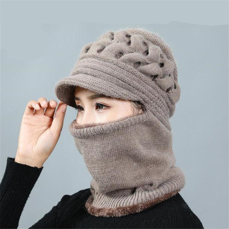 Knitted balaclava beanie in khaki taupe with ribbed face cover and chunky top detail