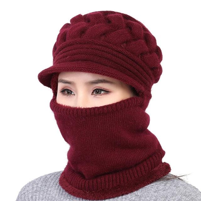 Deep burgundy knitted balaclava beanie with face cover and neck warmer