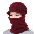 Deep burgundy knitted balaclava beanie with face cover and neck warmer