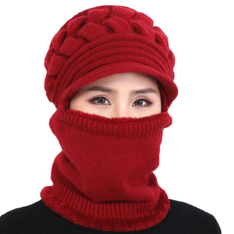 Red knitted balaclava beanie with face-covering neck warmer and ribbed edge