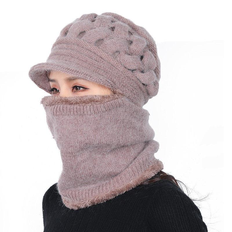 Knitted balaclava beanie in light gray with ribbed neck warmer and textured beanie top