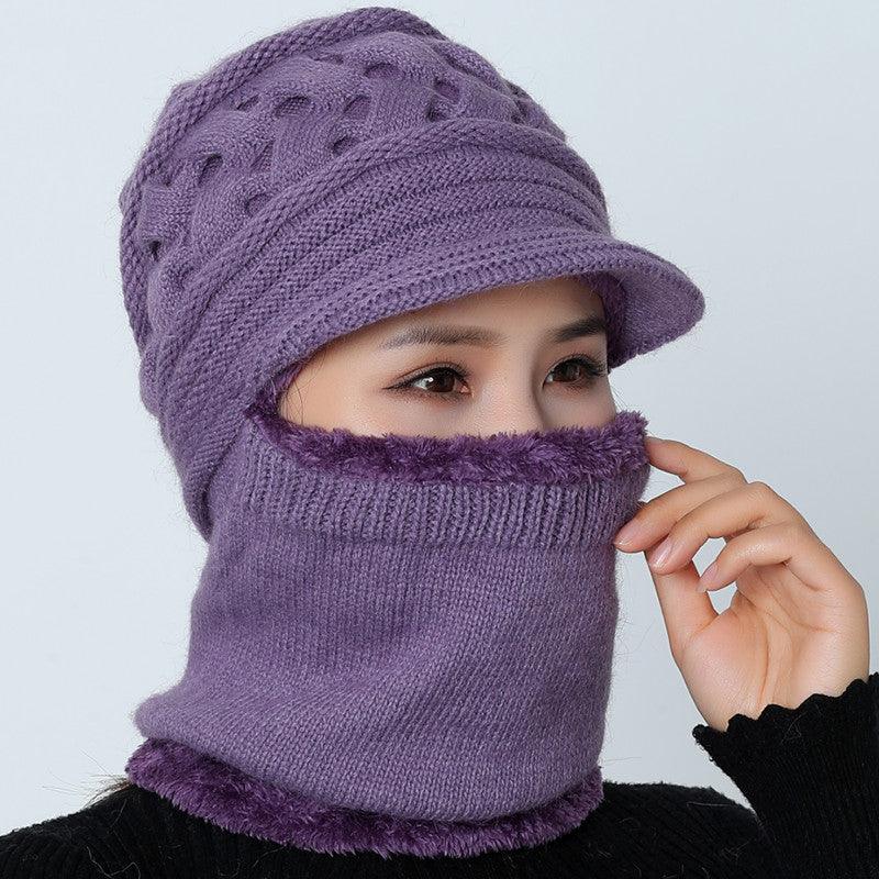 Knitted balaclava beanie in purple with ribbed face cover and folded neck warmer
