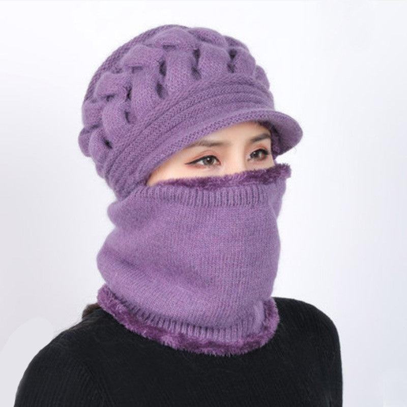 Knitted balaclava beanie in light purple with ribbed face opening and neck warmer