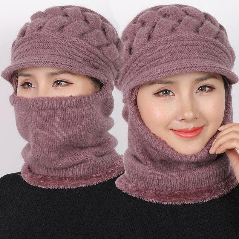 Dusty purple knitted winter balaclava beanie with face and neck covering
