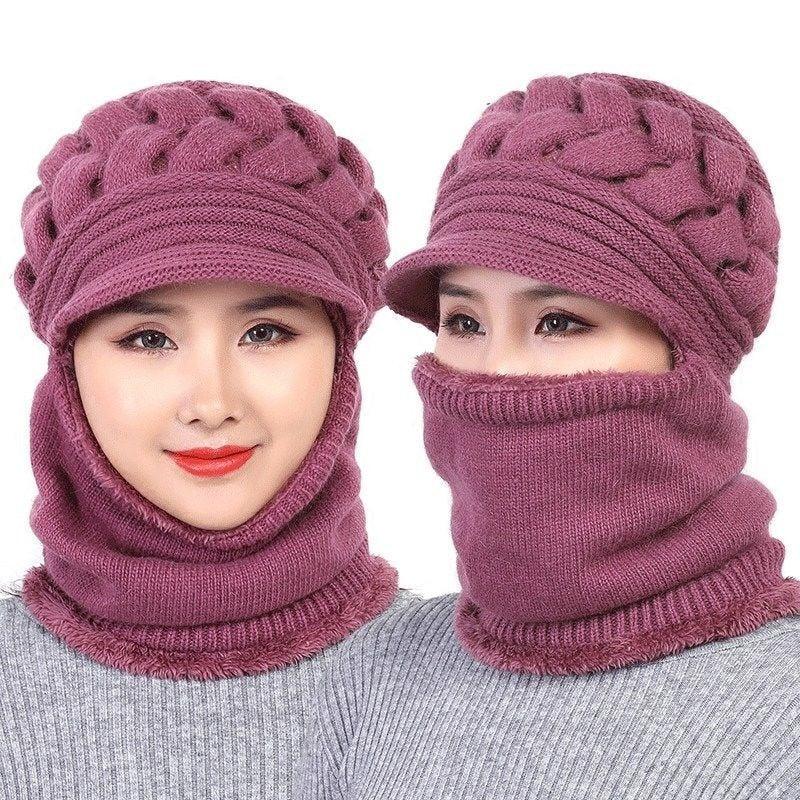 Knitted balaclava beanie in wine-purple with ribbed neck warmer and pom beanie top