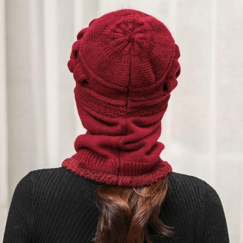 Wine red knitted balaclava beanie with face-covering neck warmer and ribbed trim