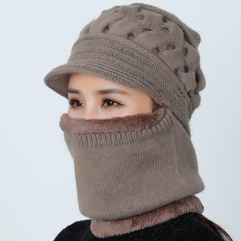 Knitted balaclava beanie in khaki taupe with ribbed neck warmer and rounded top