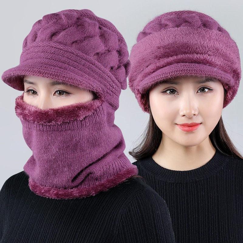 Knitted balaclava beanie set in dark purple with ribbed face cover and matching hat