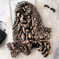 Leopard print silk scarf shawl with black-and-beige abstract stripes, long wrap