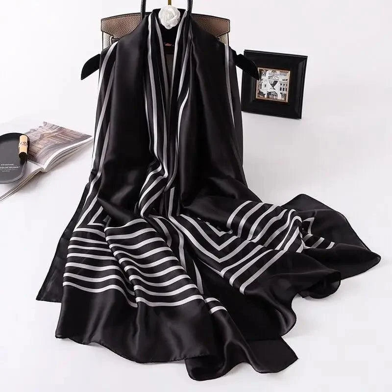 Black silk scarf with bold white vertical stripe pattern