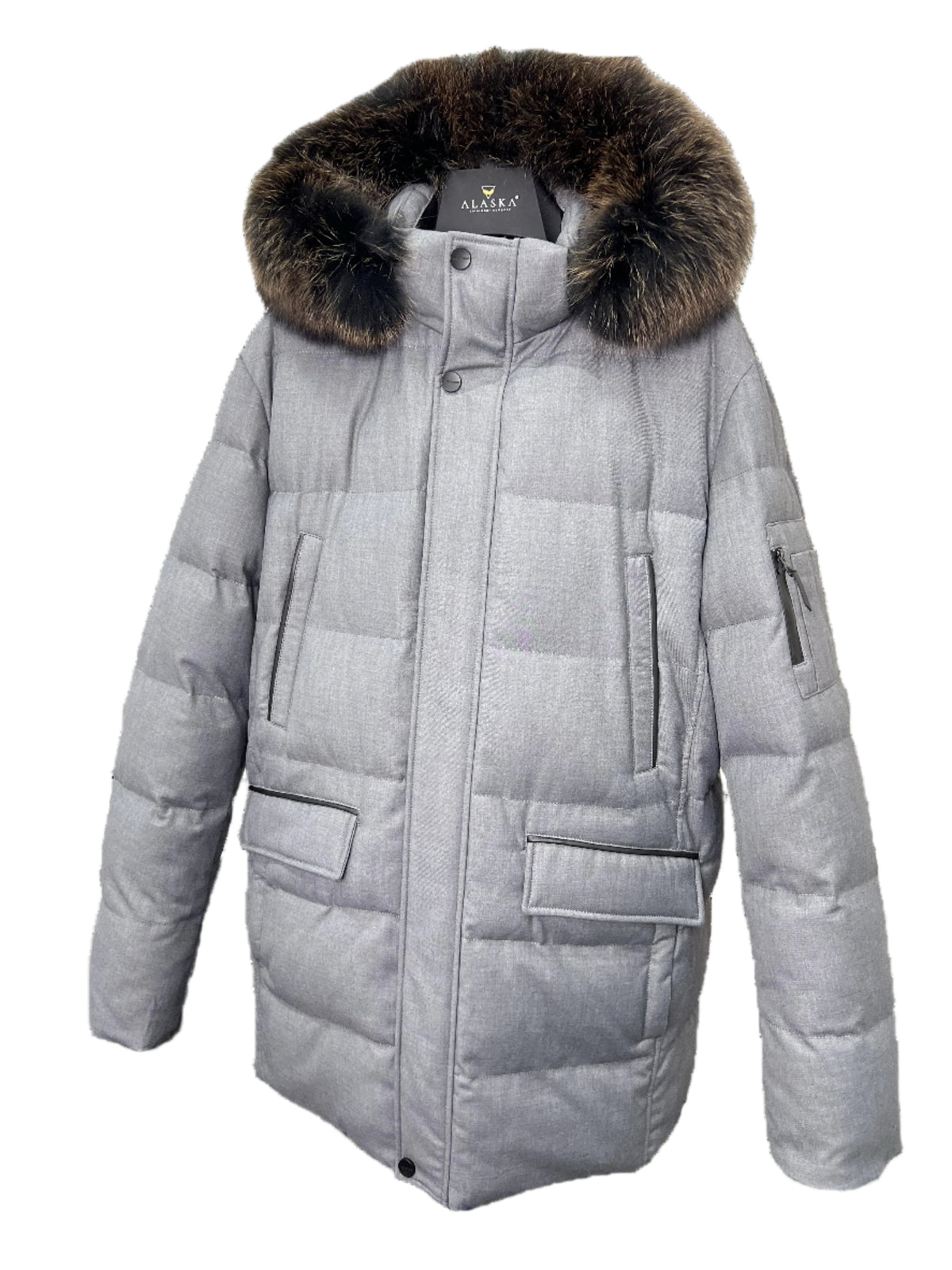 Men's grey puffer coat with dark fur-trim hood, front zipper, and side pockets