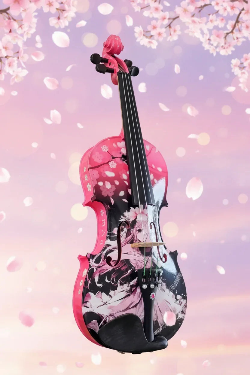 Decorative cherry blossom violin with black fingerboard and pink scroll detail