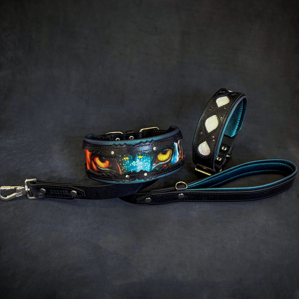 Black dog collar with teal edge trim and holographic geometric inlays