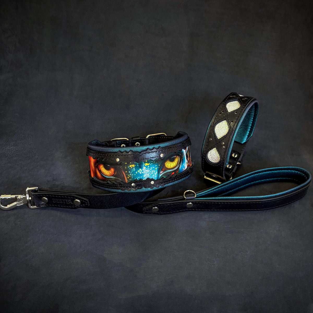 Black dog collar with teal edge trim and holographic geometric inlays