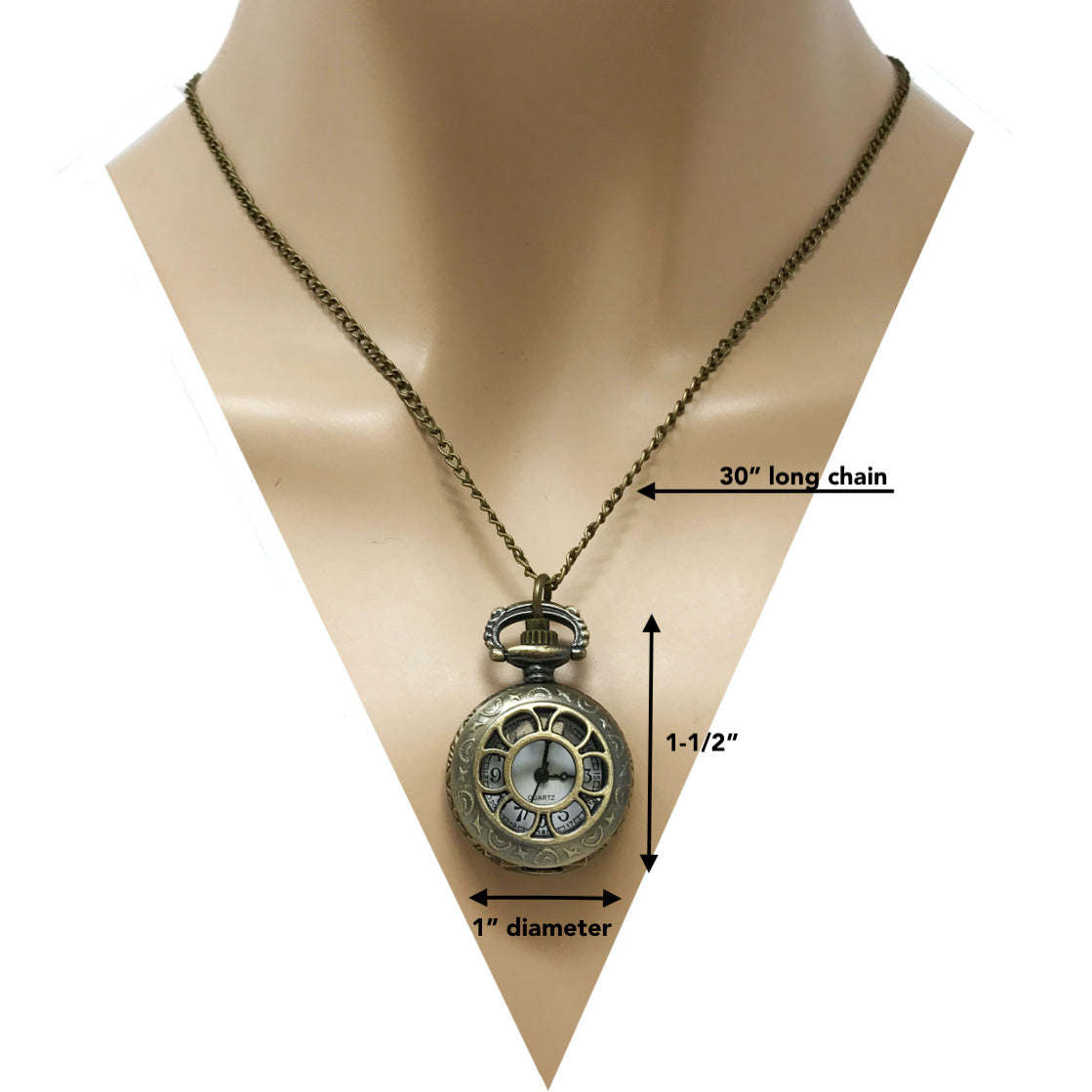 Pocket watch necklace on mannequin with 30-inch chain and 1-1/2-inch pendant
