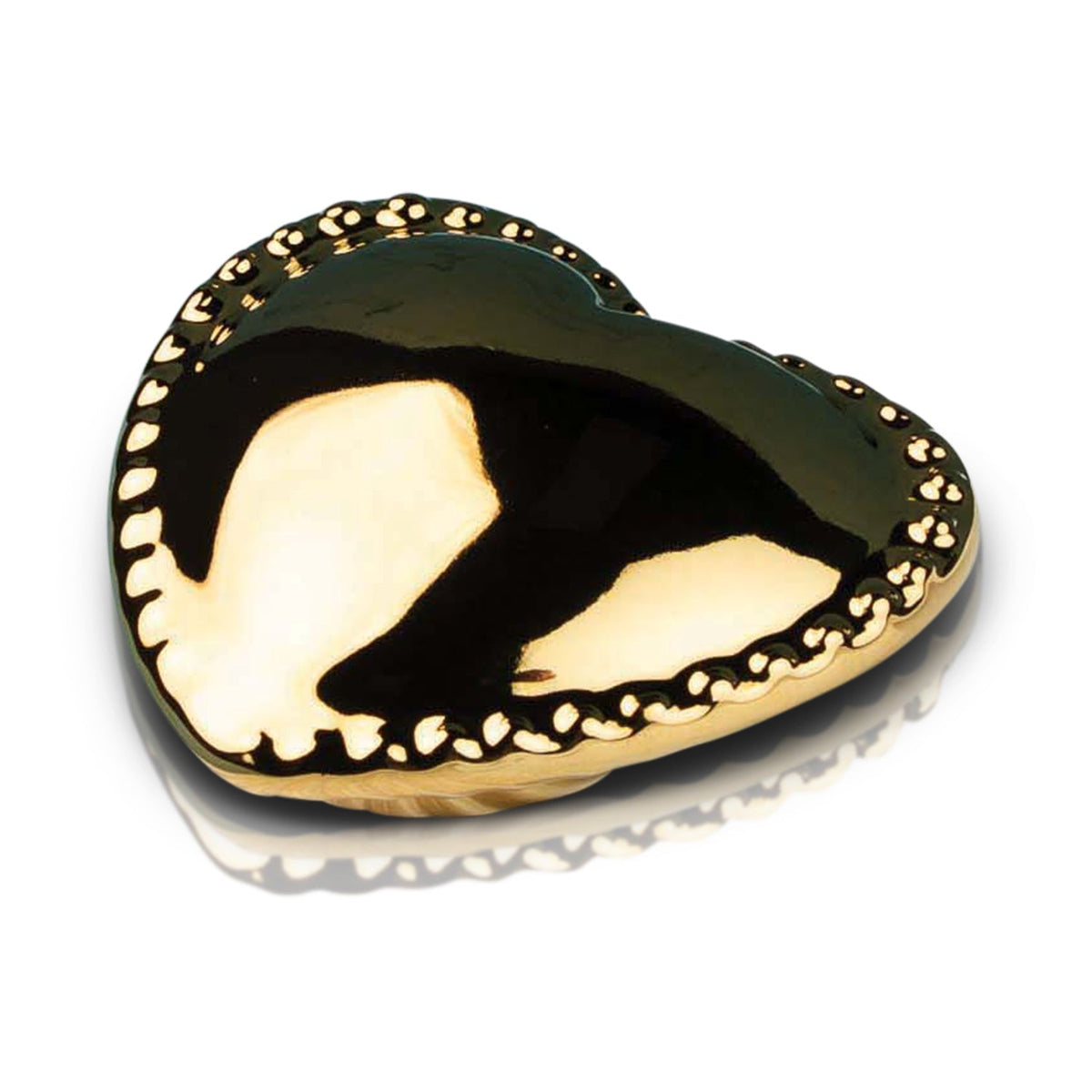 Dark heart dish with gold-edged trim and speckled border