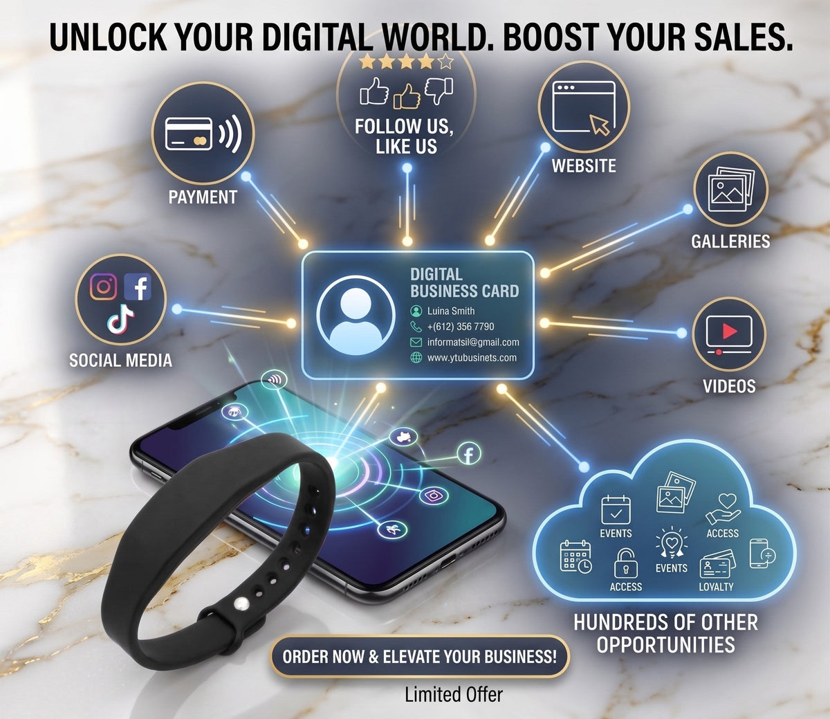 Black NFC smart wristband with digital business card branding and connected app icons