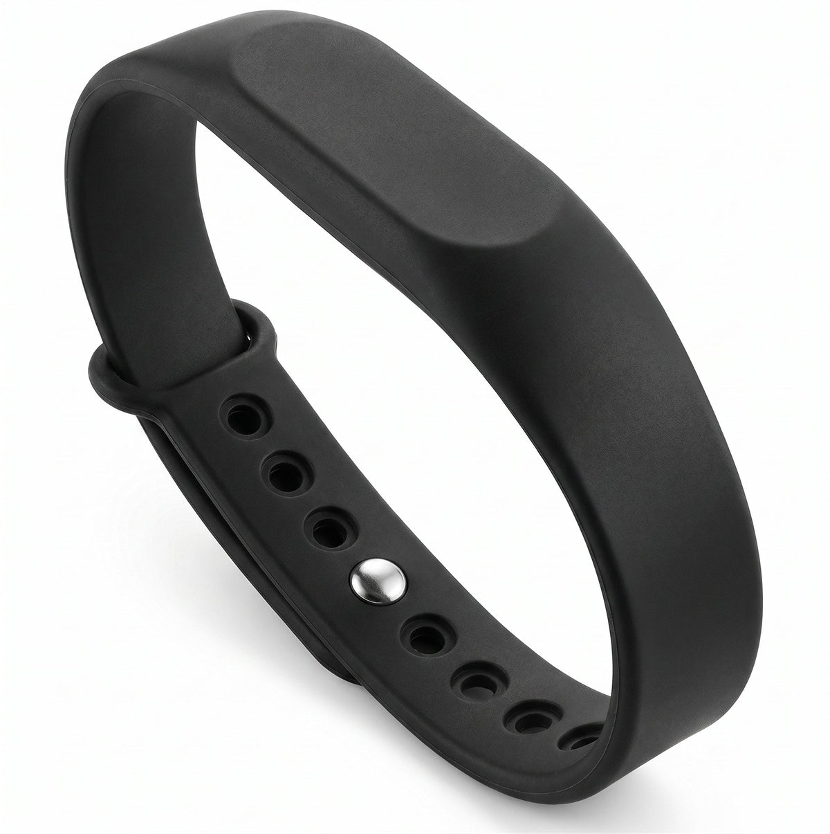 Black NFC smart wristband, close-up view of the perforated band and side holes