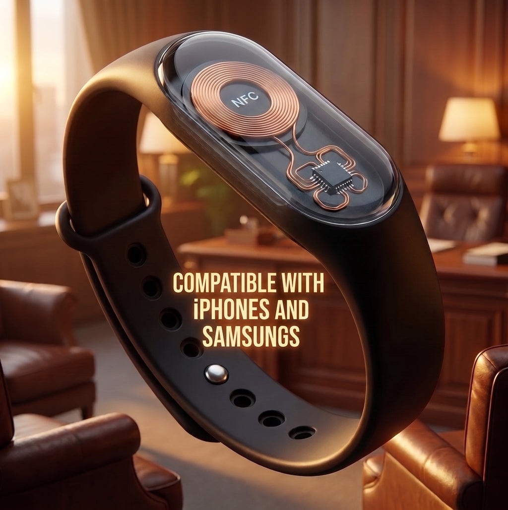 Black NFC wristband with glowing NFC coil module on the strap, worn-ready design
