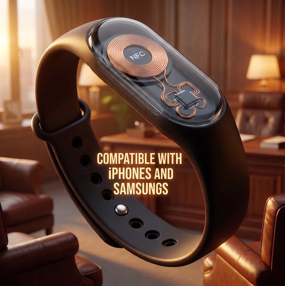 Black NFC wristband with glowing NFC coil module on the strap, worn-ready design
