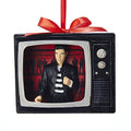 Hanging TV-style ornament with Elvis image on screen and ribbon bow