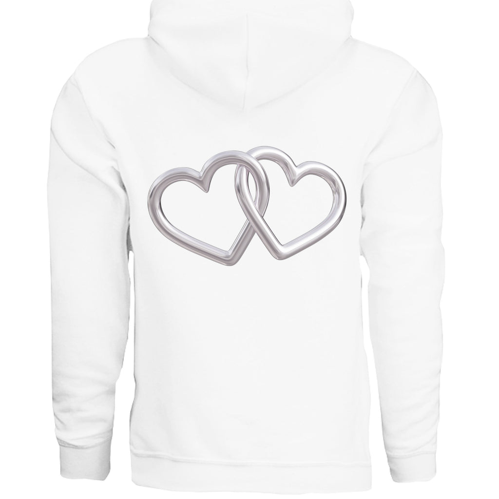 White pullover hoodie with large silver interlocking heart graphic on back