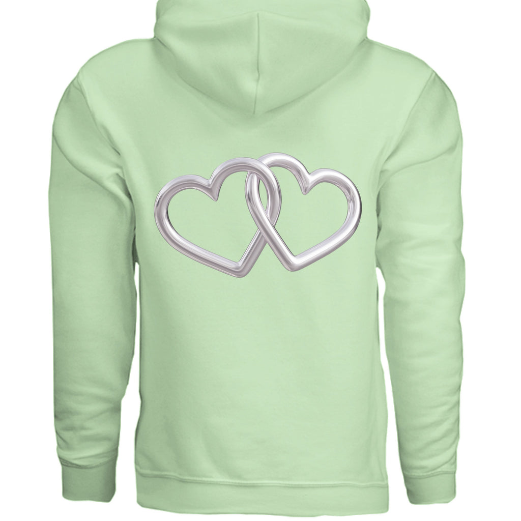 Mint green pullover hoodie with large silver interlocking heart graphic on back