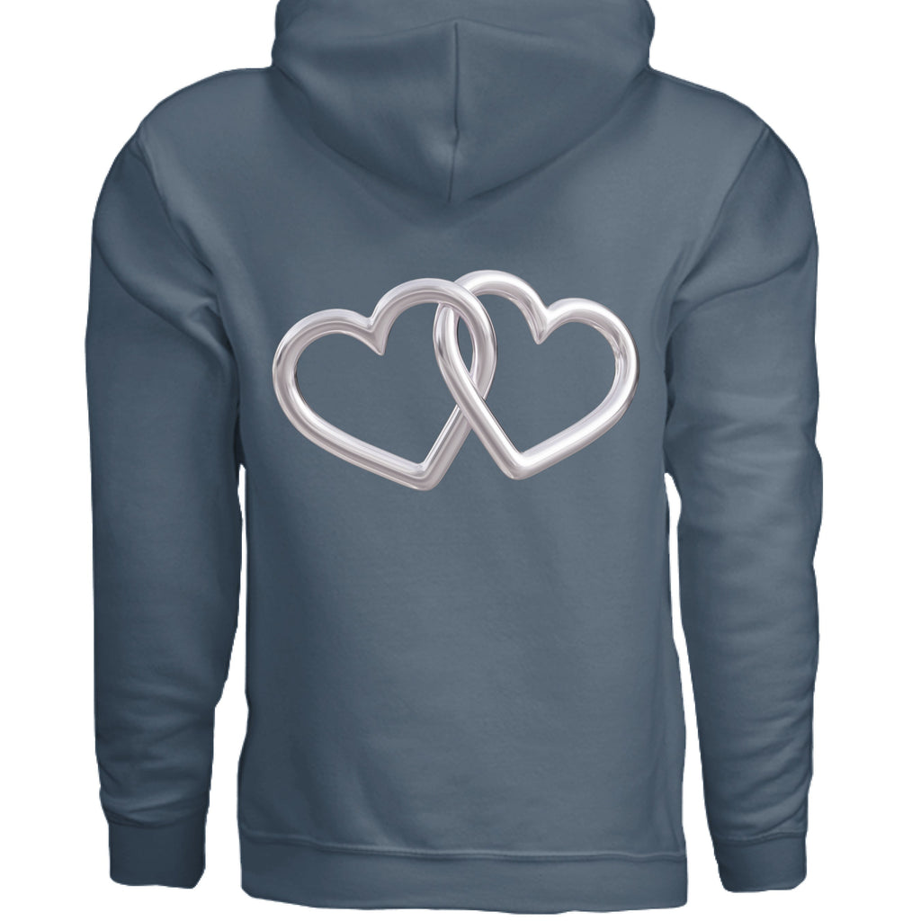 Slate blue hoodie with silver interlocking heart logo centered on back.
