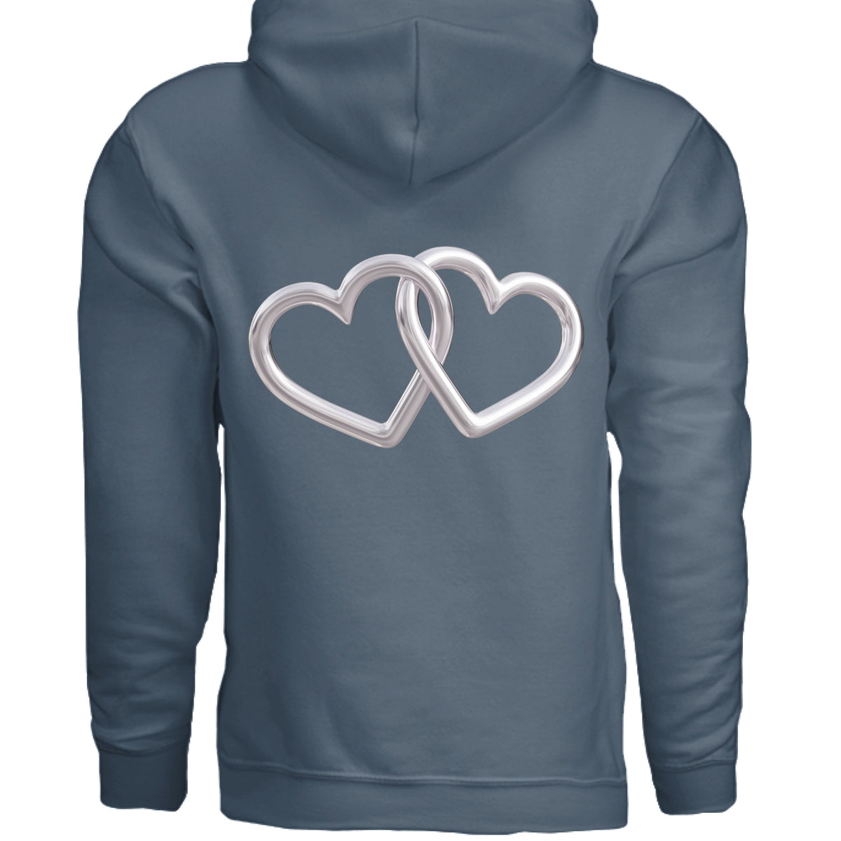 Slate blue hoodie with silver interlocking heart logo centered on back.
