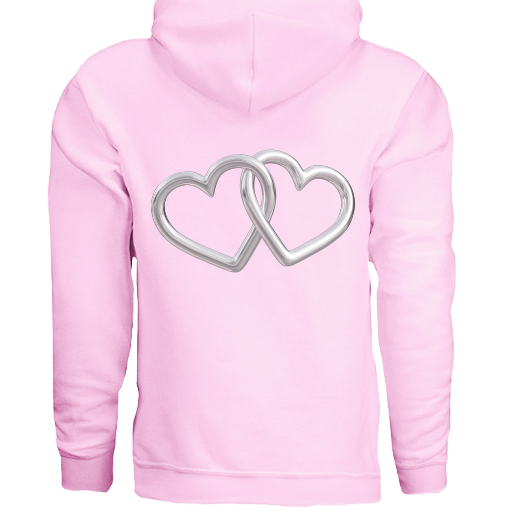 Light pink pullover hoodie with large silver interlocking heart graphic on back