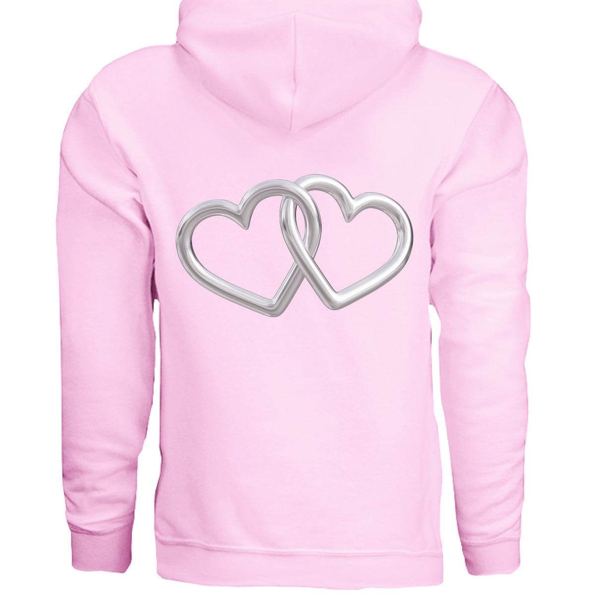 Light pink pullover hoodie with large silver interlocking heart graphic on back