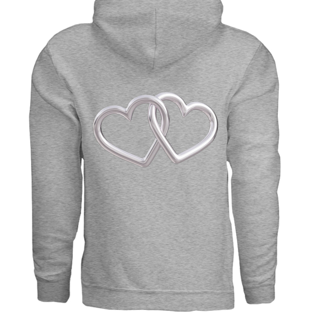 Heather gray pullover hoodie with large silver interlocking heart graphic on back