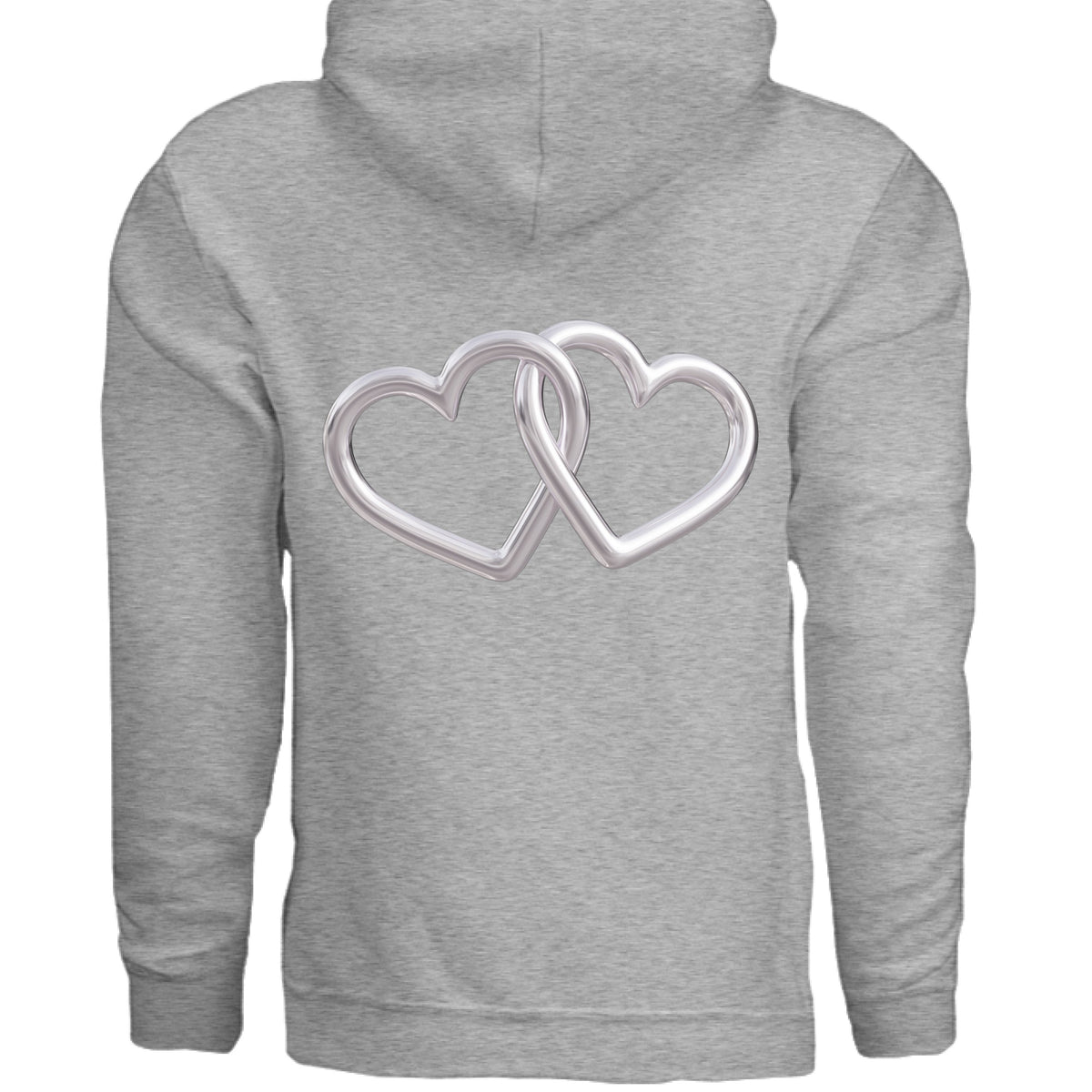 Heather gray pullover hoodie with large silver interlocking heart graphic on back