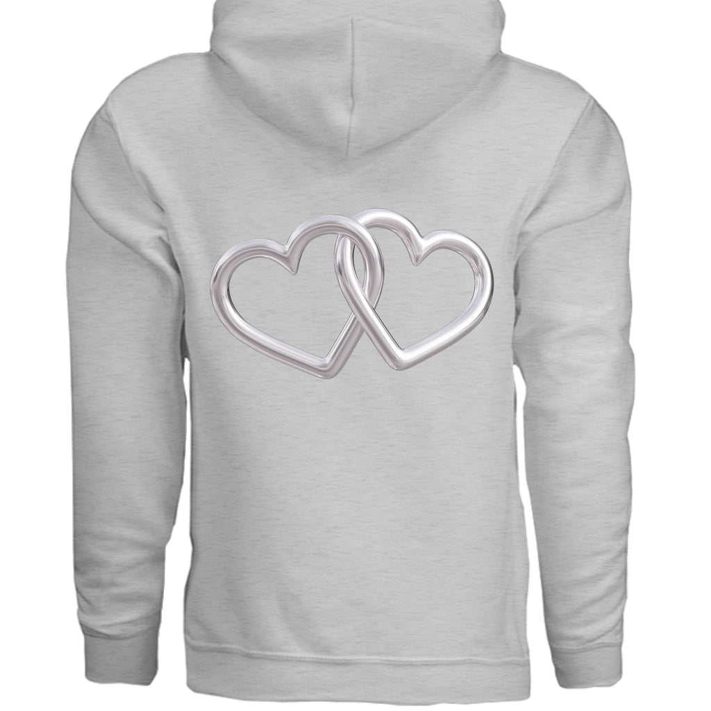 Light gray hoodie with silver double-heart interlocking design on the front.