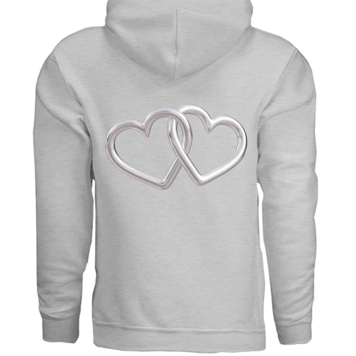 Light gray hoodie with silver double-heart interlocking design on the front.