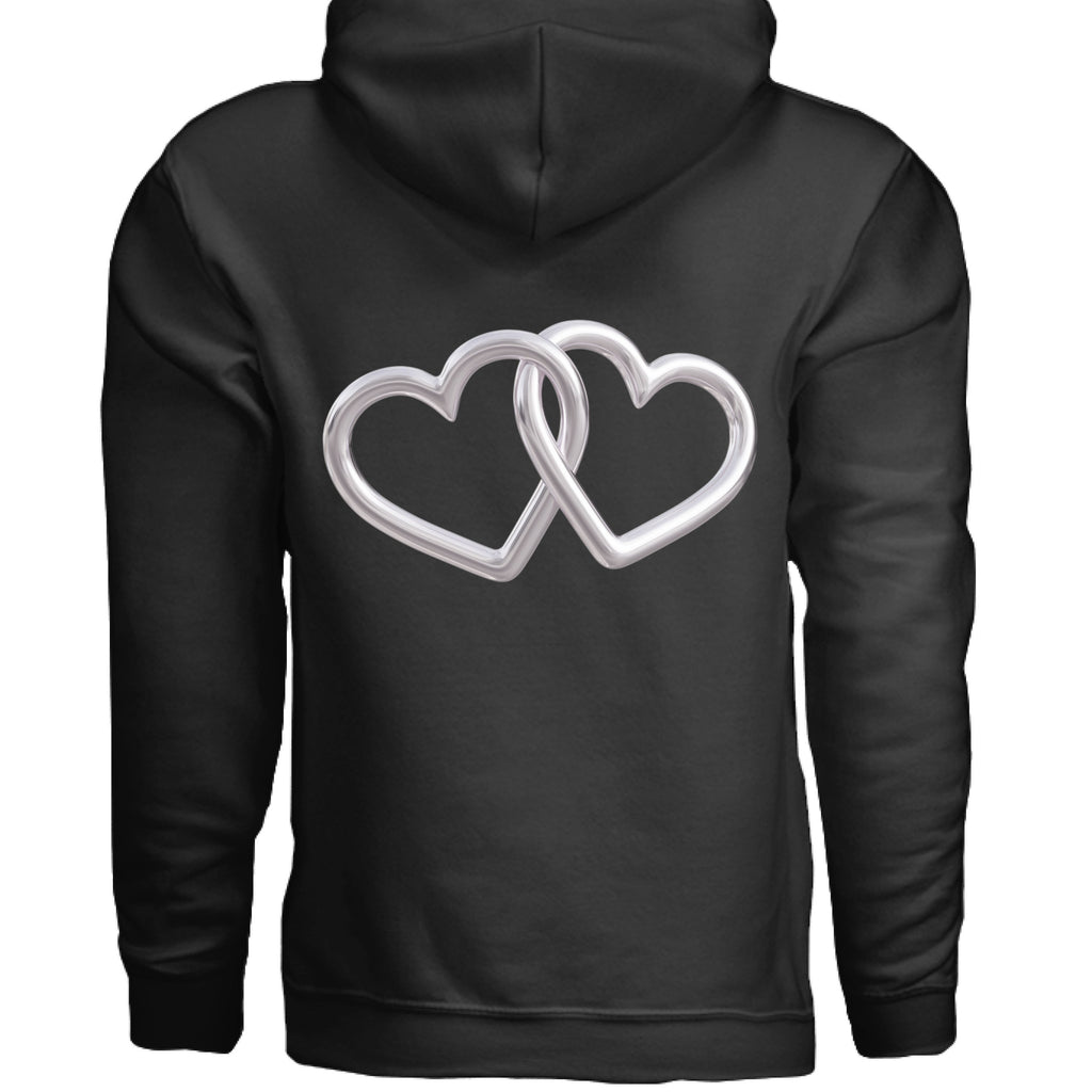 Black hoodie with silver double-heart interlocking design on the front.