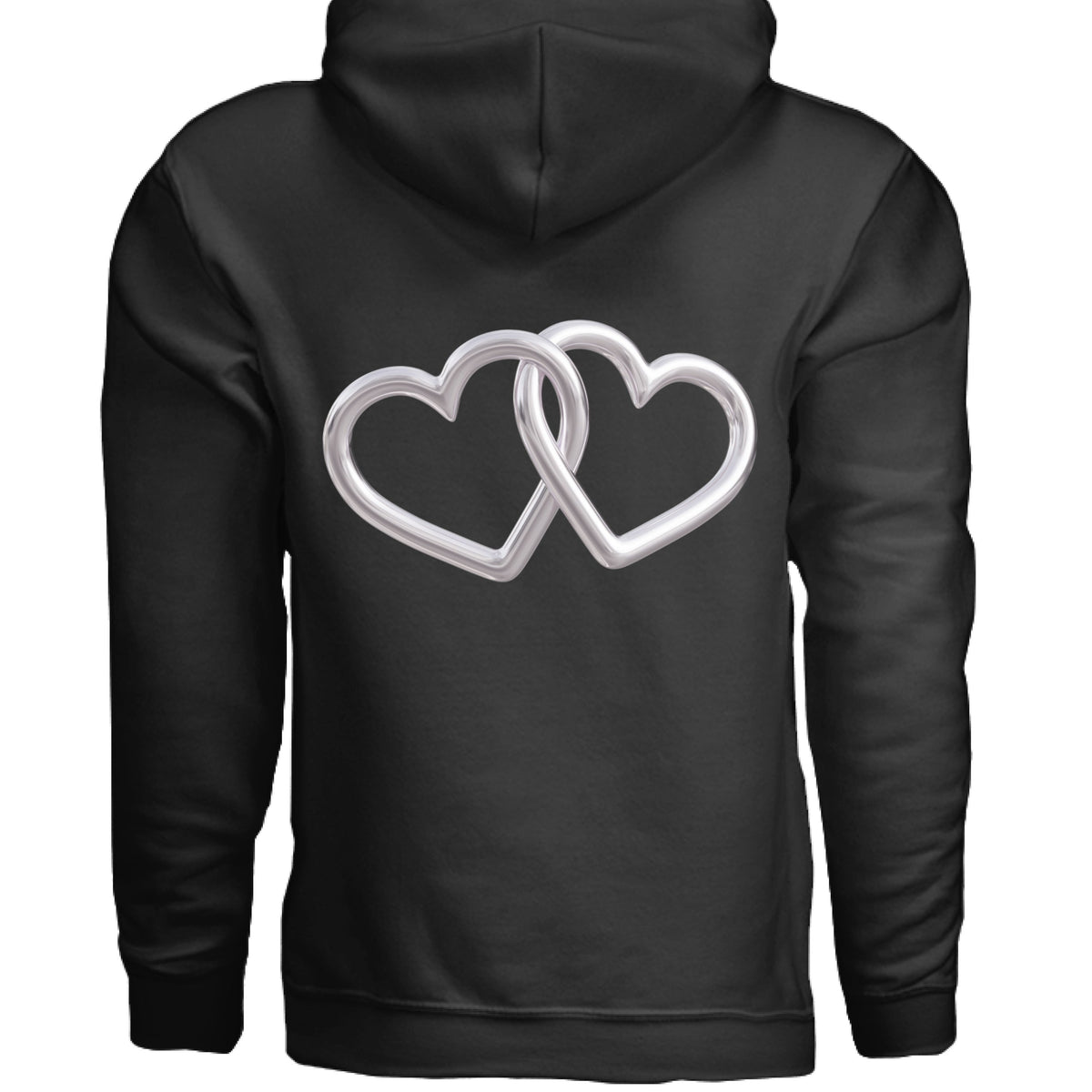 Black hoodie with silver double-heart interlocking design on the front.