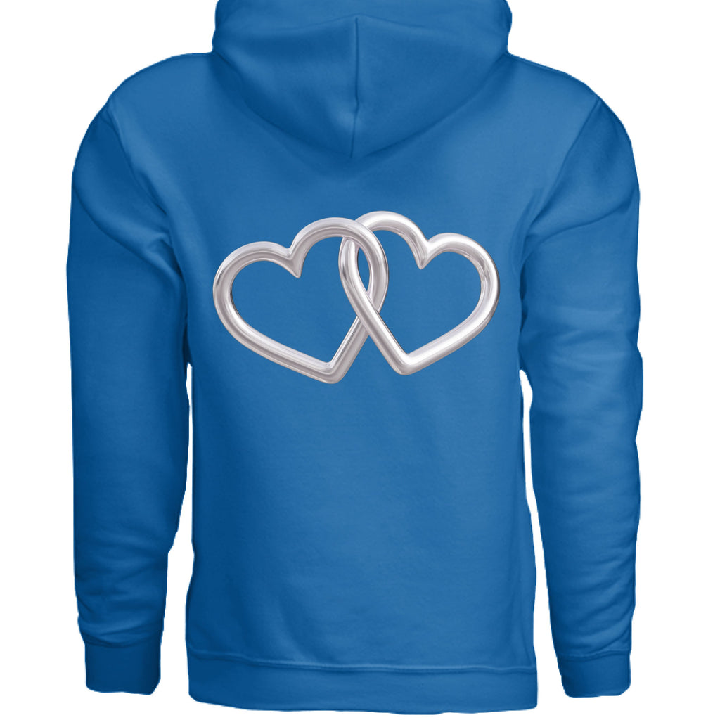 Royal blue hoodie with silver interlocking double-heart design on the front.