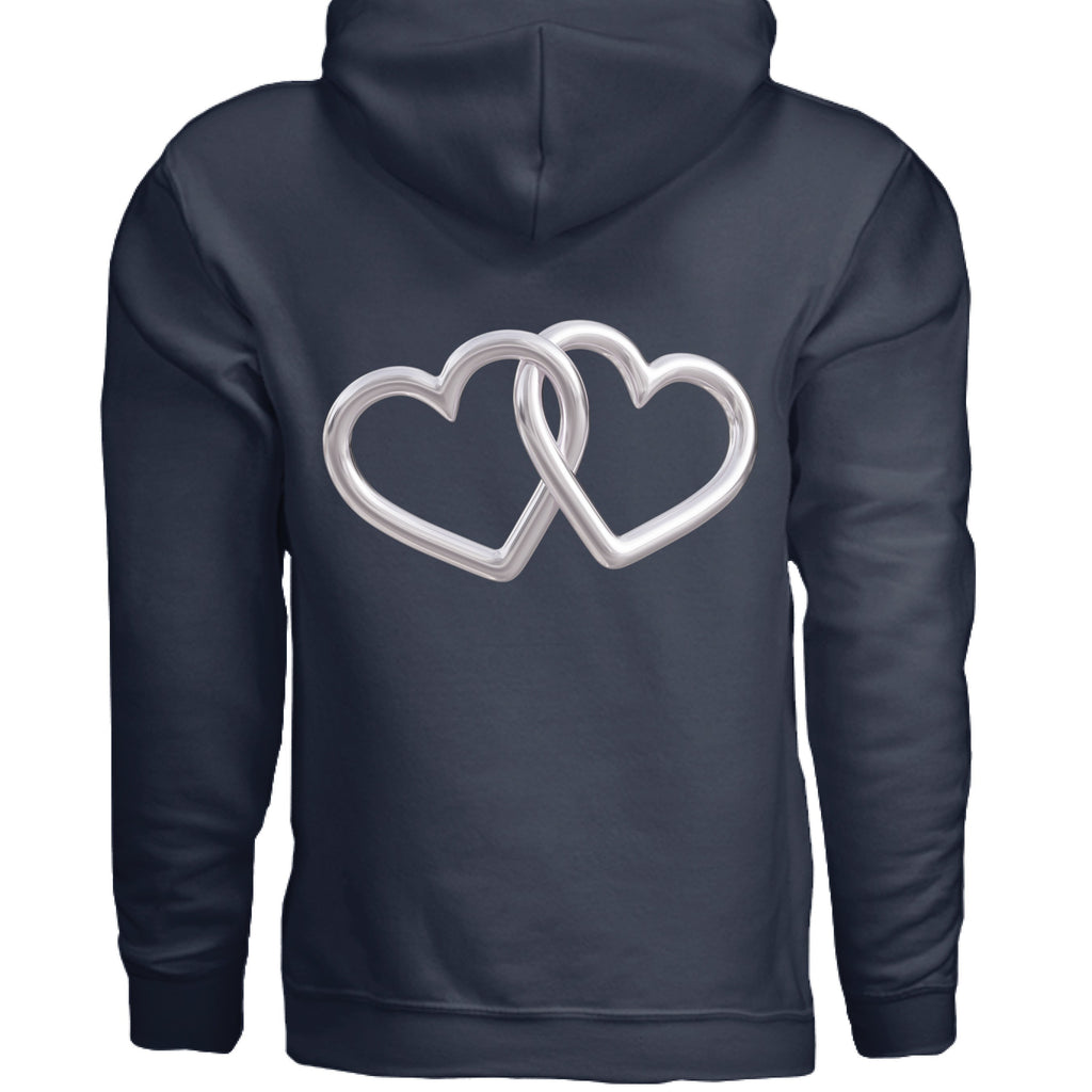 Navy hoodie with silver interlocking double-heart design on the front.