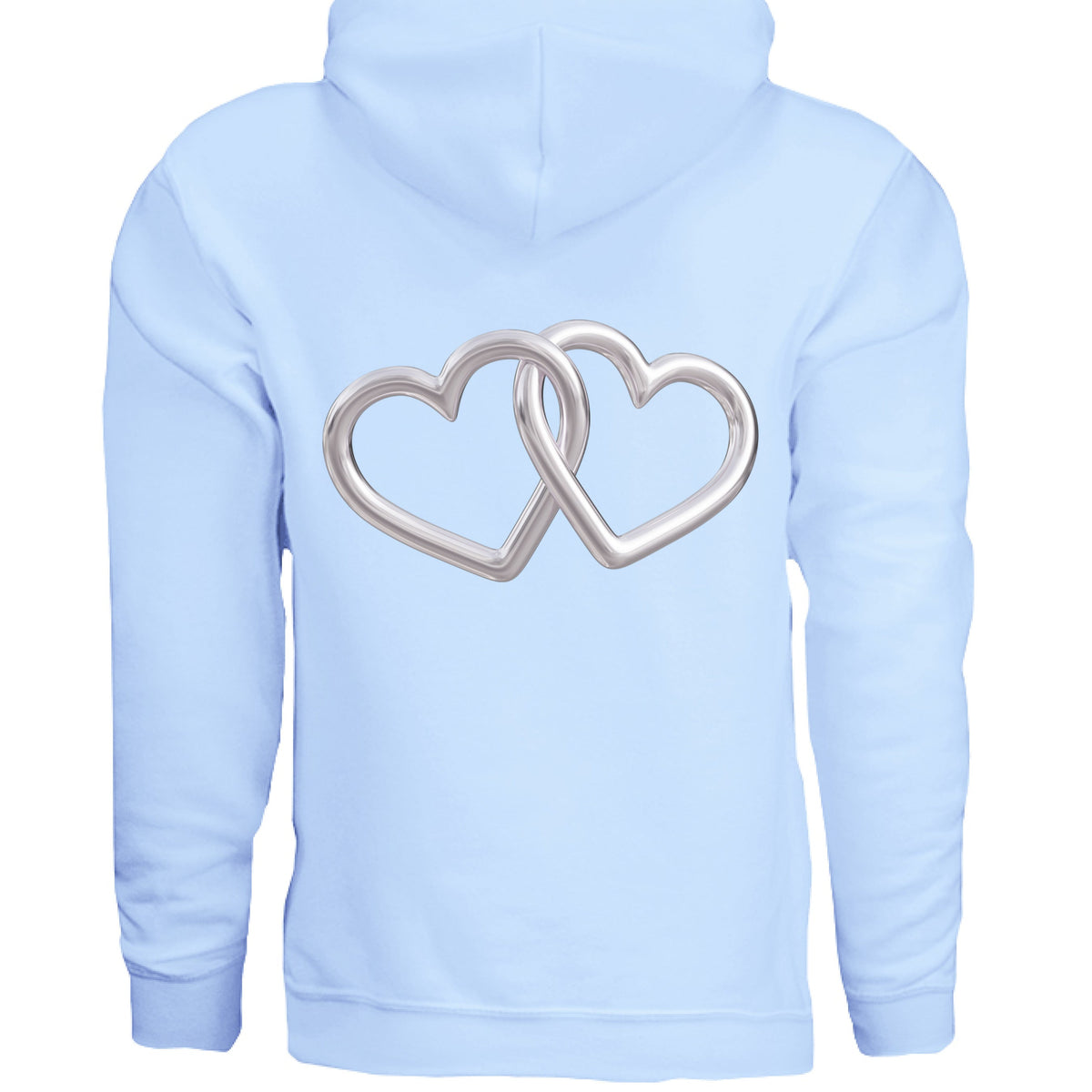 Light blue hoodie with silver interlocking double-heart design on the front.
