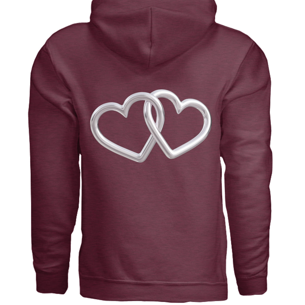 Maroon hoodie with silver interlocking heart logo centered on back.