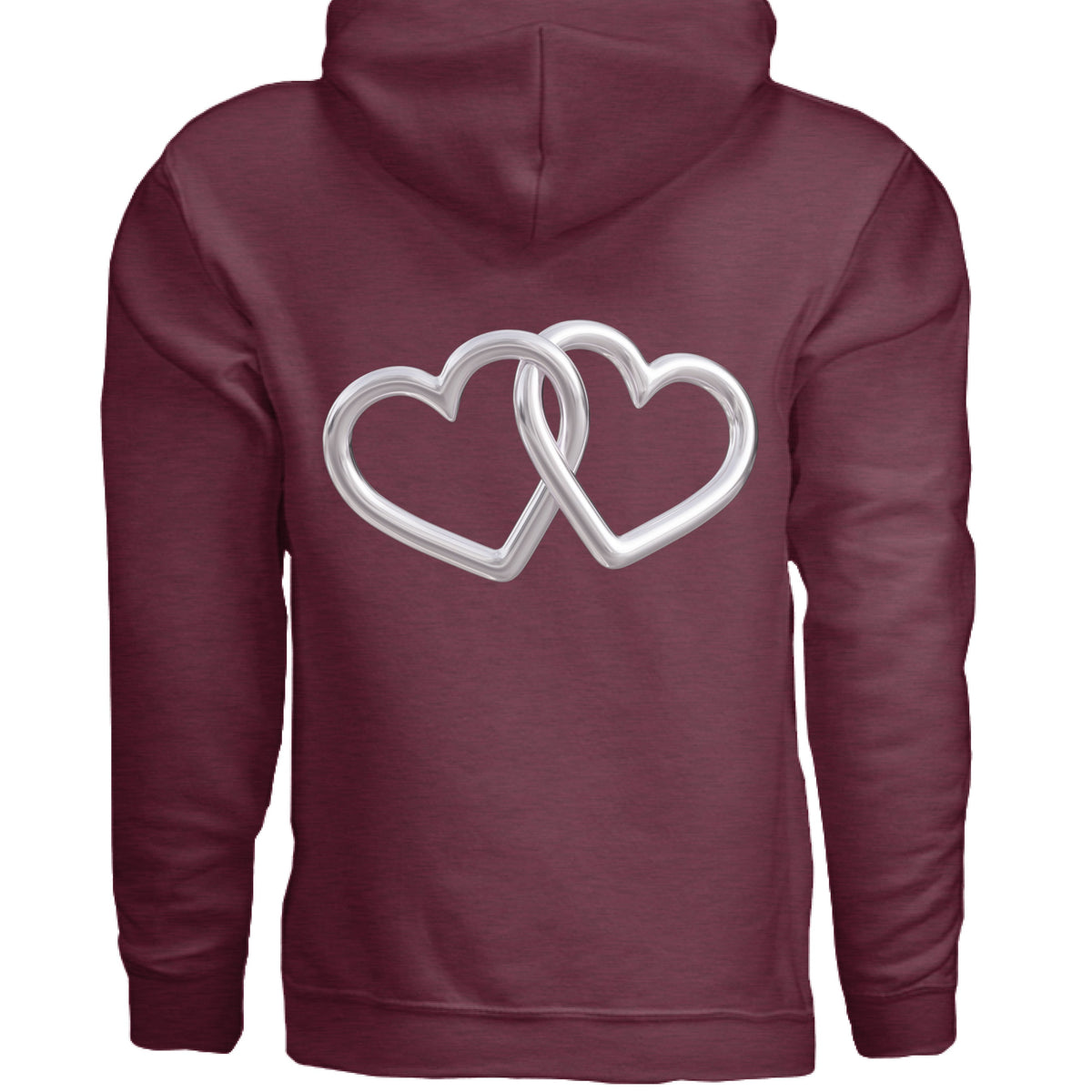 Maroon hoodie with silver interlocking heart logo centered on back.