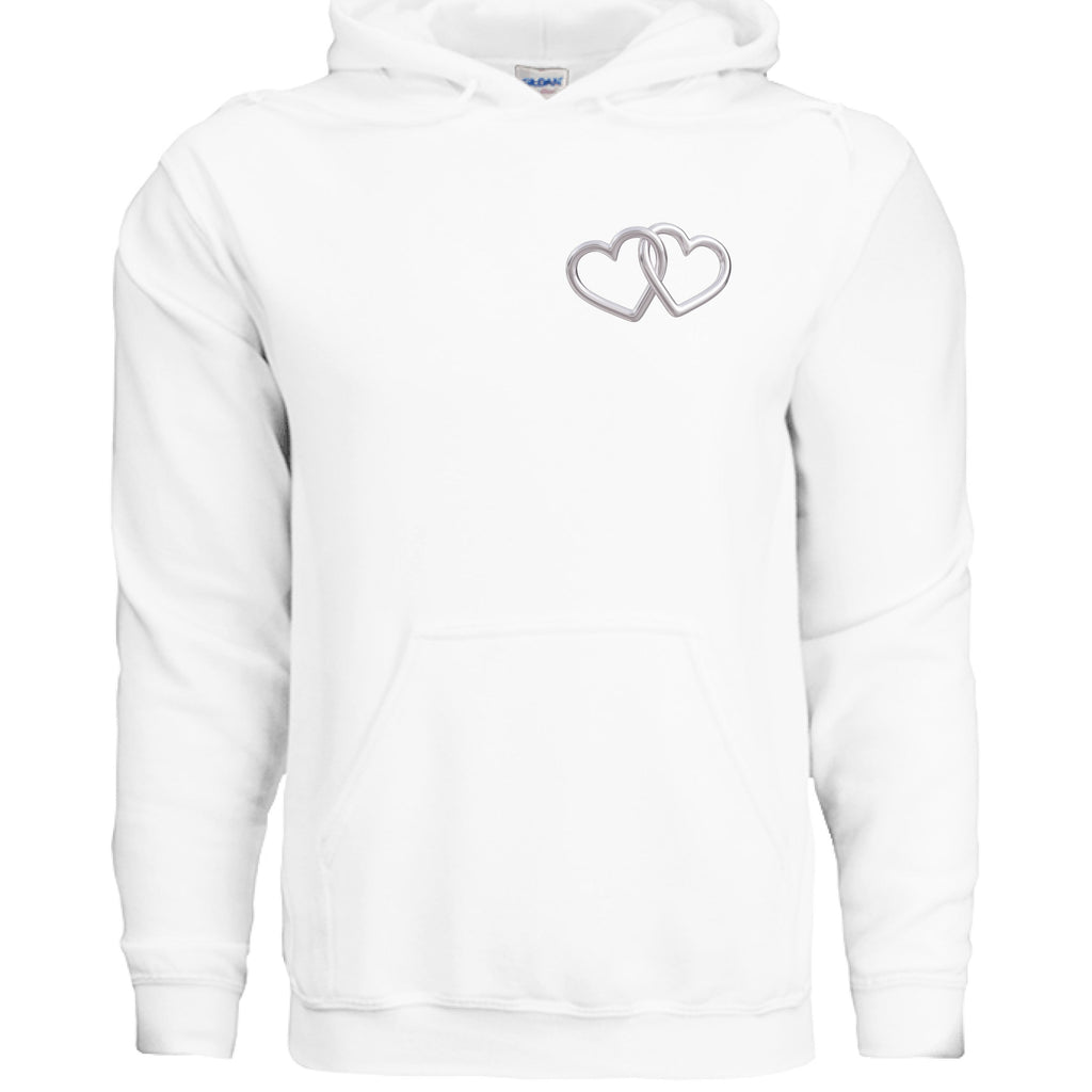 White pullover hoodie with small silver interlocking heart graphic at chest