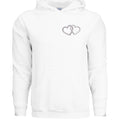 White pullover hoodie with small silver interlocking heart graphic at chest