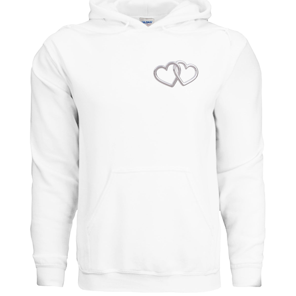 White pullover hoodie with small silver interlocking heart graphic at chest