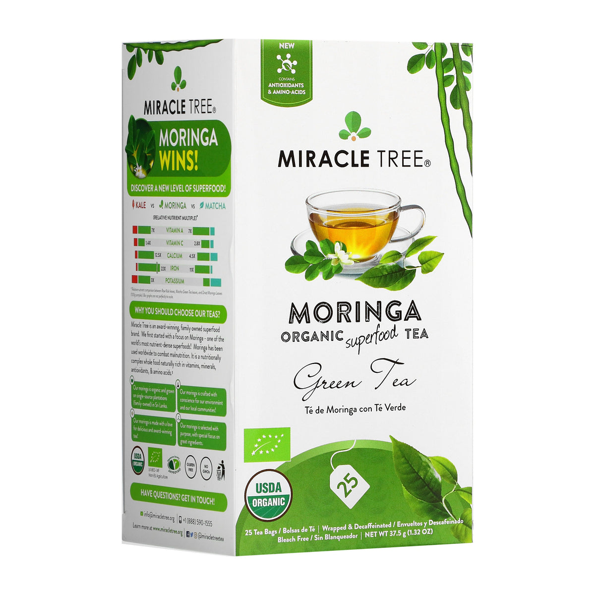 Miracle Tree Moringa organic green tea decaf box, 25 individually wrapped tea bags