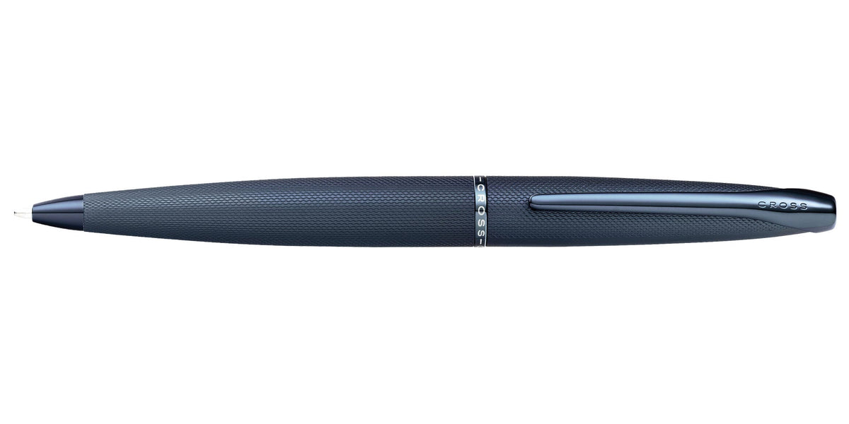 Dark blue ballpoint pen side view with textured barrel and silver band